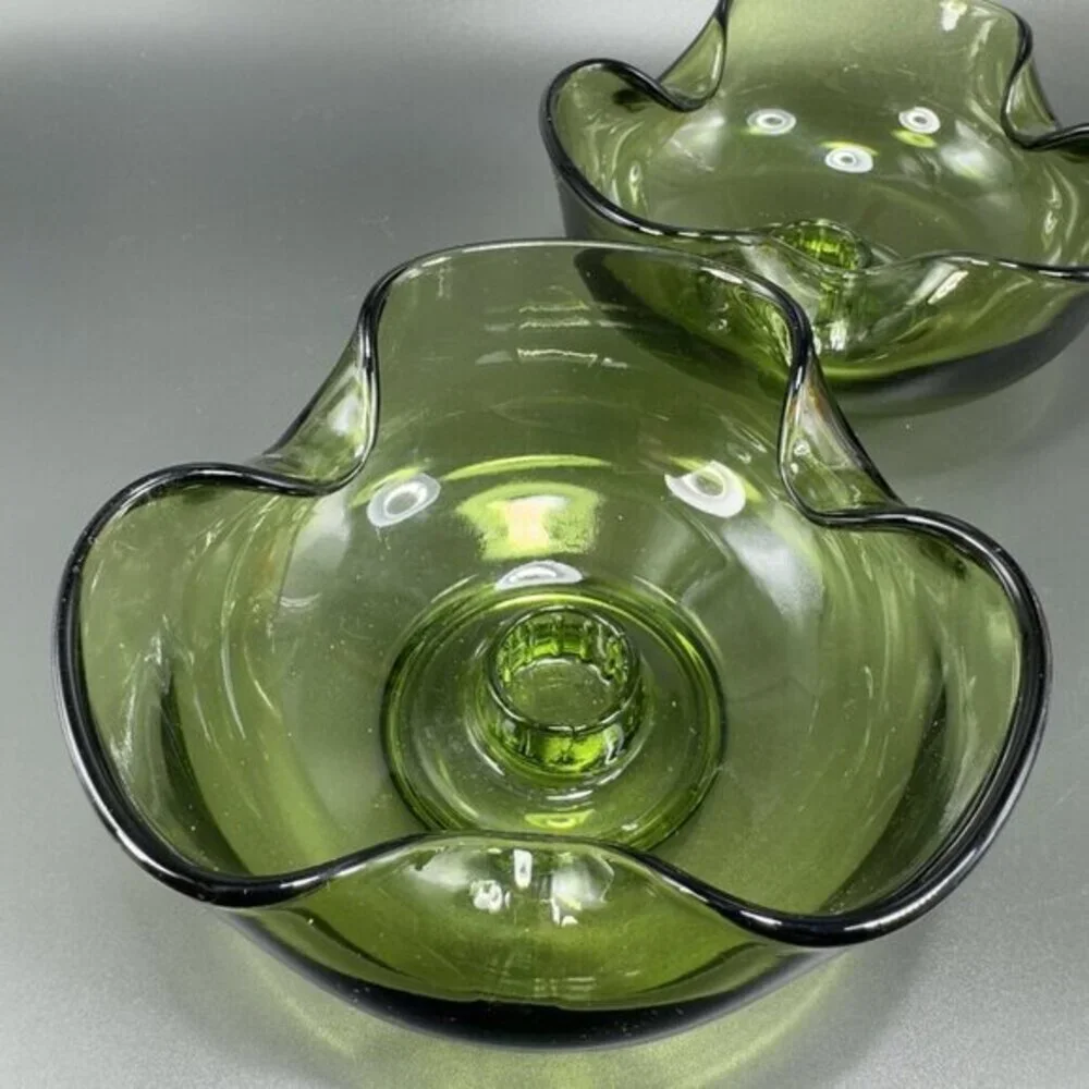 Anchor Hocking Modern Avocado Candlestick Holders Green Set 2 Folded Edge Votive